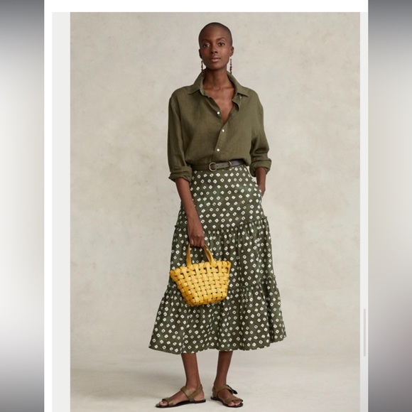 NWT Ralph Lauren Polo block-print tiered linen midi skirt size 2 - Picture 1 of 12